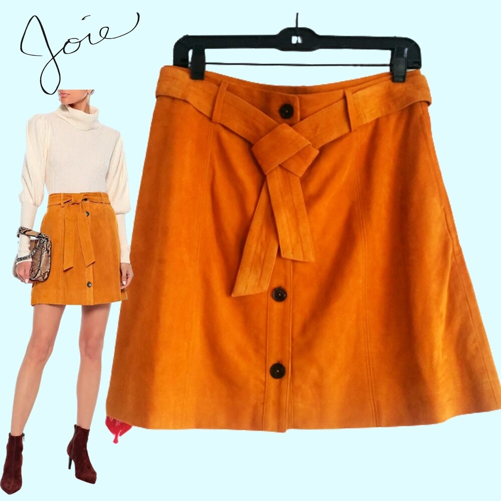 JOIE NEW Y2K Belted Lamb Leather Mini Skirt 10 Rust Orange
